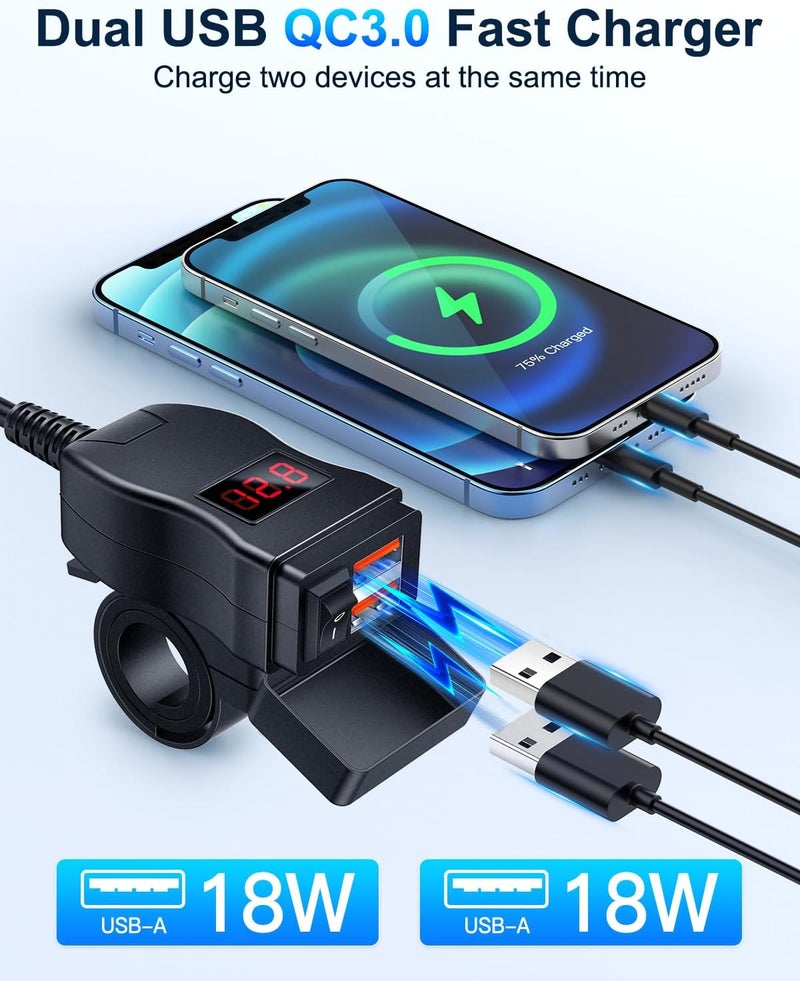 EXTRACTME Motorcycle USB Charger, Dual USB Quick Charge 3.0 Motorcycle Phone Charger with Voltmeter & ON/Off Switch, Waterproof Motorcycle Accessories for All Phone, Tablet, GPS (Red) - Image 2